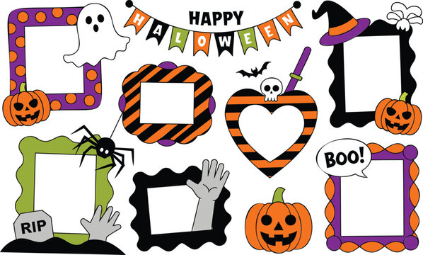 Halloween frame set with jack-o'-lanterns, ghosts, skulls, spiders, and festive bunting banners on a white background
