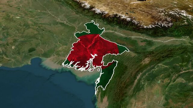 Bangladesh Map Animation Zooming from World Satellite View to Detailed Country Outline with National Flag