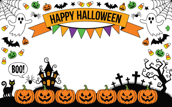 Happy halloween banner with orange ribbon, ghosts, bats, jack-o'-lanterns, spiders, a haunted house, and a graveyard on a white background