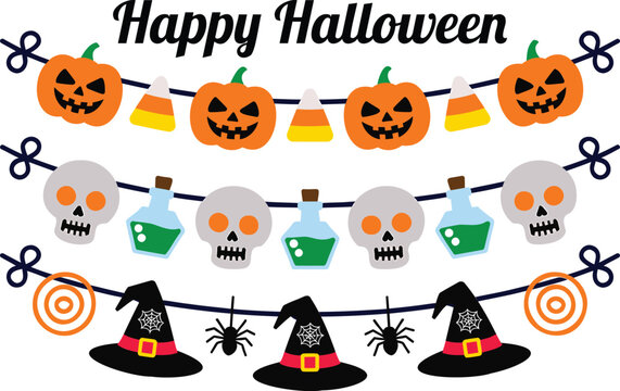 Happy halloween bunting garland with jack-o'-lanterns, skulls, potion bottles, witch hats, spiders, and candy corn