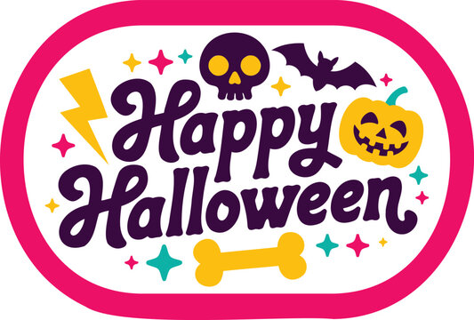 Happy halloween text with a skull, jack-o'-lantern, bat, bone, and lightning bolt icons in a pink rounded frame