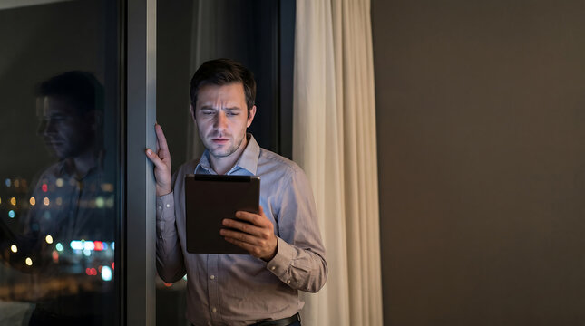 Man feeling overwhelmed by debt while intently viewing a tablet, considering how to leverage options, by a city window at night.