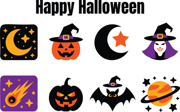 Happy halloween text with flat icons of a jack-o'-lantern, witch, bat, crescent moon, planet, and meteor on a white background