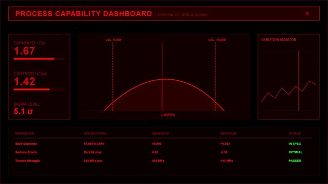 Process capability dashboard with red bell curve distribution chart, statistical data visualization, manufacturing quality control, industrial performance analysis