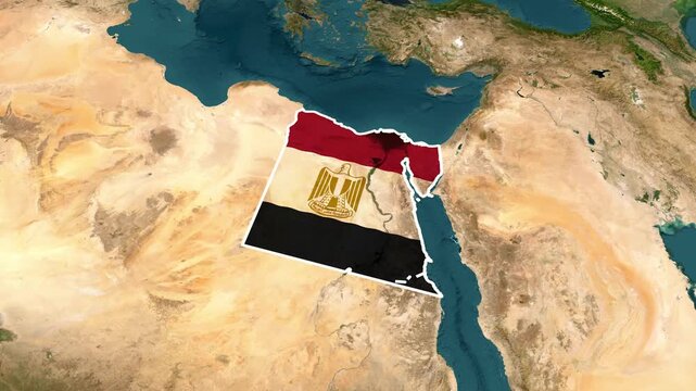 Egypt Map Animation Zooming from World Satellite View into the Country Outline with Egyptian National Flag