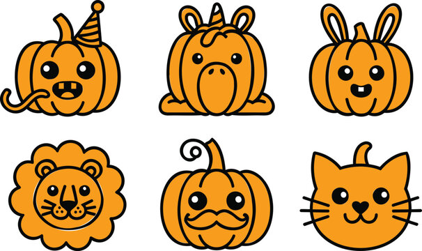 Set of six cute halloween pumpkin icons, featuring cartoon characters including a unicorn, lion, cat, and pumpkins with party hats and mustaches