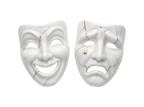 Cracked white marble comedy and tragedy masks with expression contrast happiness representation thespian ornament decoration festival illustration melancholy multimedia as PNG cutout