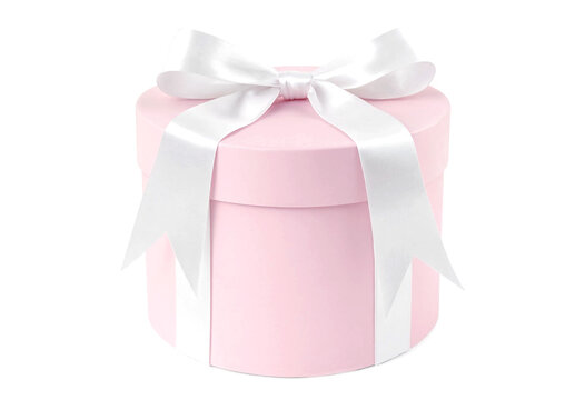 Pink gift container wrapped with elegant white satin ribbon and bow