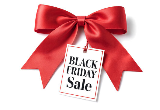Red decorative bow with black friday sale tag isolated image