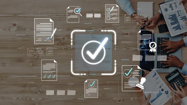 Digital workspace showcasing document approval process with checklist icons, modern technology tools, and collaborative teamwork in an office setting Sigmoid