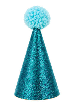 Shimmering party hat with fluffy pom pom top isolated on clear background