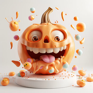 3D claymorphism render of a cute smiling orange pumpkin spitting out candies with floating elements on light background
