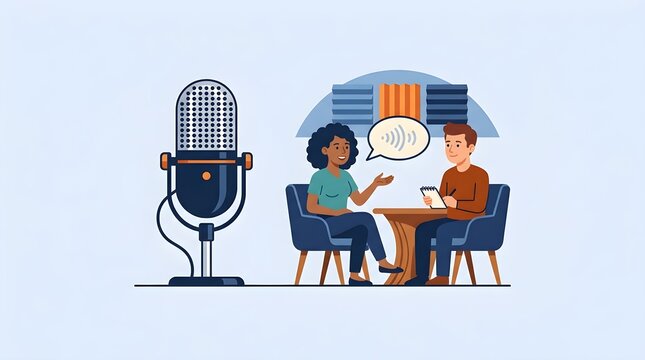 Professional podcast recording concept vector illustration with condenser microphone, audio sound waves, and people talking