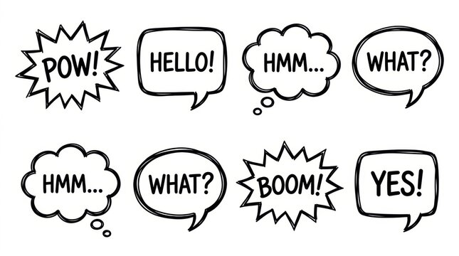 Collection of hand drawn comic speech bubbles with different expressions and words in black and white