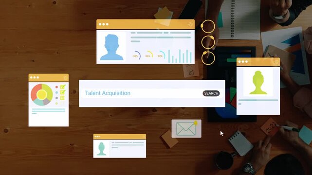 Creative Workspace for Talent Acquisition Featuring Digital Interfaces and Charts on a Wooden Table with Team Collaboration in Progress. Entropy.