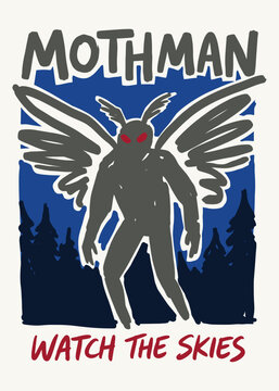 Mothman Cryptid Illustration in Retro Poster Style for Urban Legend Storytelling