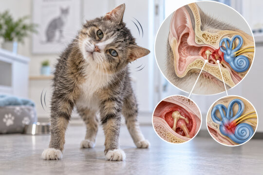 Cat Ear Infection and Otitis with Inner Ear Anatomy Veterinary Illustration