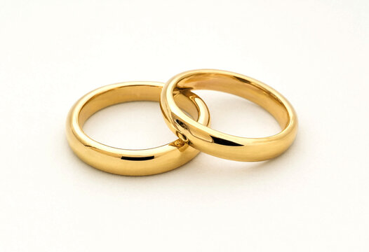 Two golden wedding rings placed together on light surface