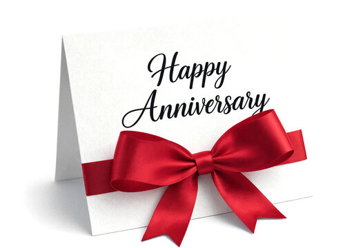 White Card with Red Bow and Happy Anniversary Text Design