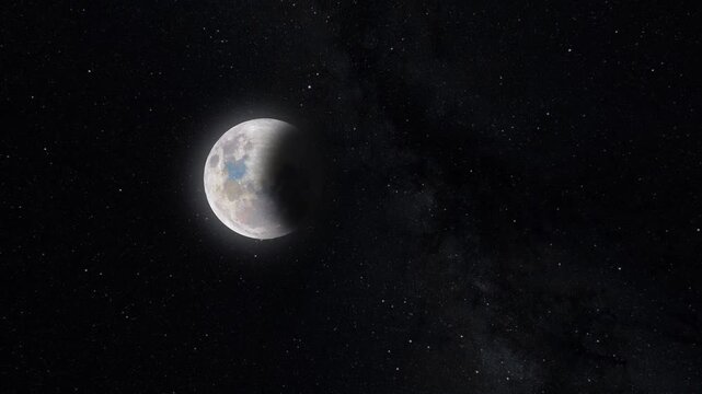 The lunar eclipse phenomenon. Set against a backdrop of starry space and the Milky Way galaxy, the shadow slowly covers the lunar surface until it is plunged into darkness.