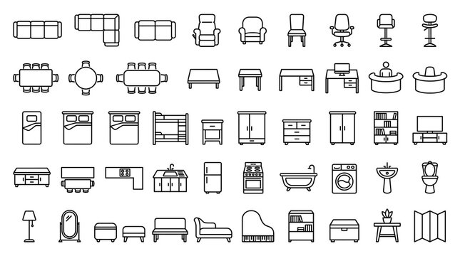 50 Minimal Furniture Floor Plan Outline Icons Featuring Sofas, Beds, Tables, Cabinets, Kitchen Fixtures and Interior Layout Elements