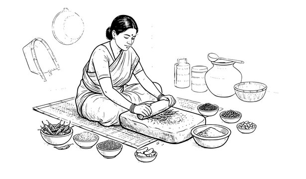 woman, grinding, spices, stone, grinder, traditional, sil, batta, cooking, kitchen, rural, Indian, culture, illustration, line, art, sketch, hand, drawn, food, masala, bowl, ingredients, homemade, eth