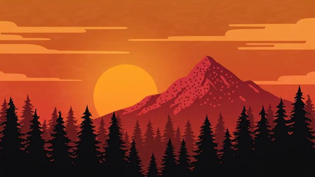 Vibrant sunset over forested mountain range digital art landscape