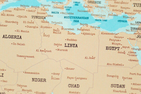 Close up view of libya on a vintage political world map