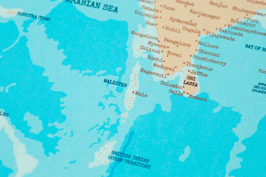 Close up view of maldives on a vintage political world map