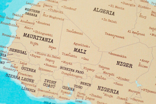 Close up view of mali on a vintage political world map