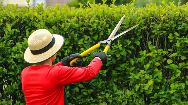 Gardener pruning a lush green hedge with electric hedge shears outdoors