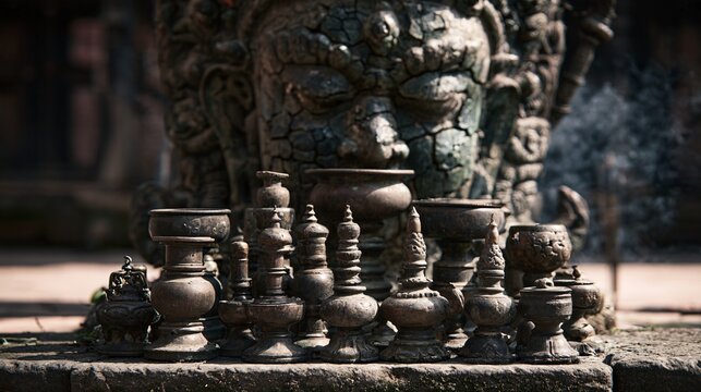 A collection of aged bronze artifacts arranged neatly at the base of a weathered stone deity