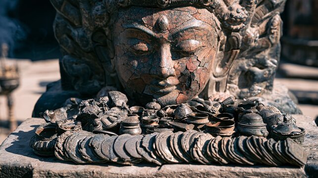 A collection of aged bronze artifacts arranged neatly at the base of a weathered stone deity