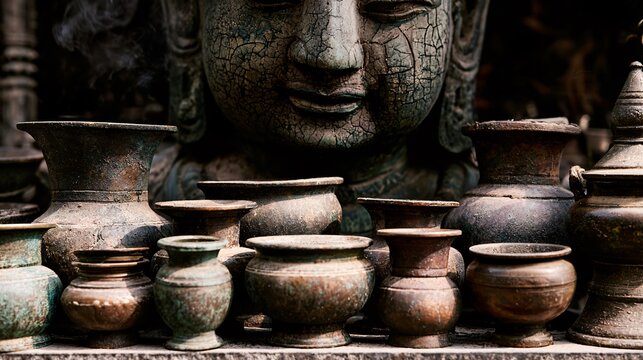 A collection of aged bronze artifacts arranged neatly at the base of a weathered stone deity