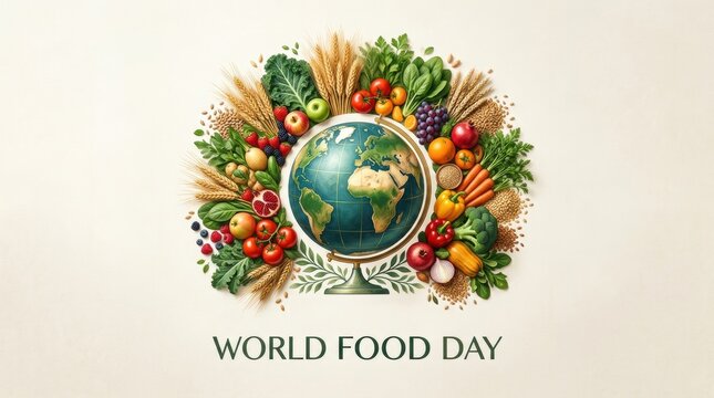A globe surrounded by a vibrant wreath of fresh fruits vegetables and grains celebrating global world food day awareness