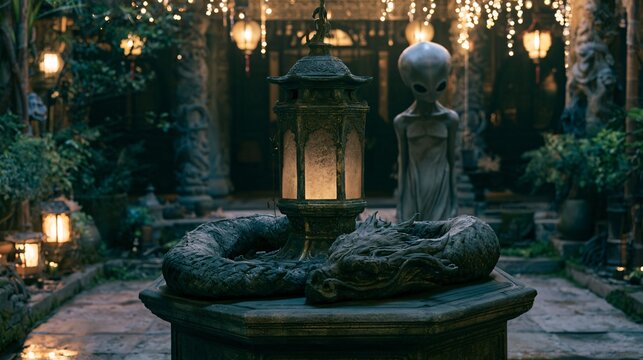 Ancient bronze lantern resting on a stone altar beside a sleeping dragon-like mythical serpent