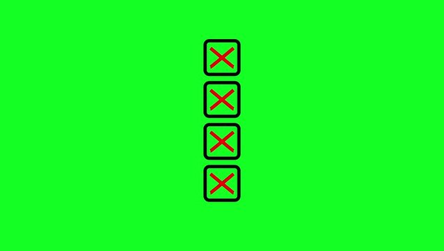 4-Point Multiple Choice Checklist Animation with Red Cross Marks on Green Screen, Wrong Answer, Incorrect Selection, Rejection, Evaluation, Survey and Form Completion Concept, 4K Motion Graphics