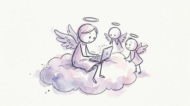 A beautiful watercolor illustration depicts several angelic figures with delicate wings resting peacefully on soft fluffy clouds in gentle pastel tones