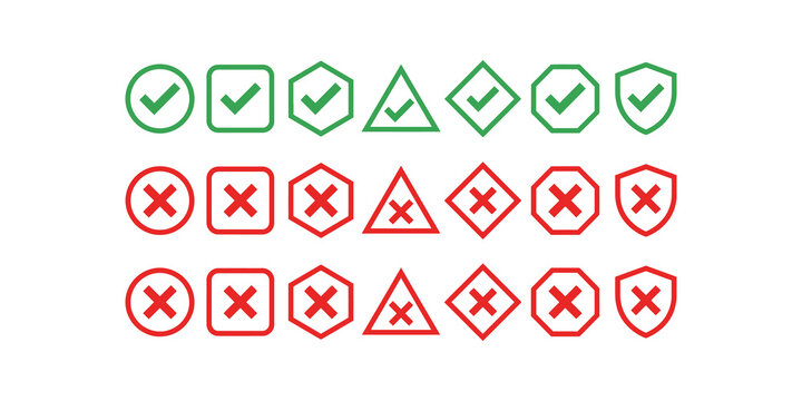 Checkmark and cross mark icons set green red outline for status display.