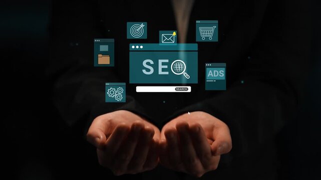Hands Holding Digital Interface Icons Representing SEO, Marketing Tools, Analytics, and Online Advertising for Business Growth and Strategy Development. Entropy.