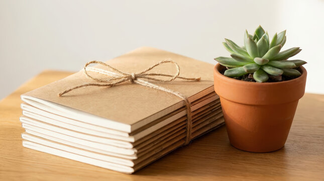 Stack of craft paper notebooks tied with twine string next to small echeveria succulent in terracotta pot on wooden table