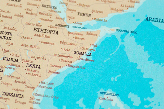 Close up view of somalia on a vintage political world map