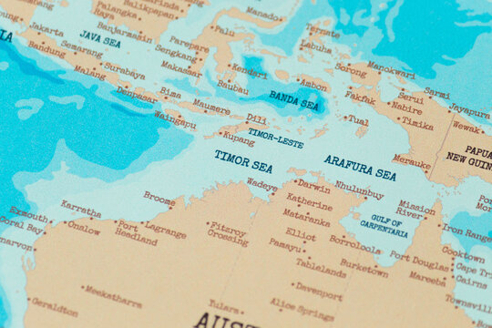 Close up view of the timor sea region on a vintage political world map