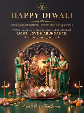 Diwali Festival greeting card featuring mythological figures lighting a lamp with flowers with traditional attire stand