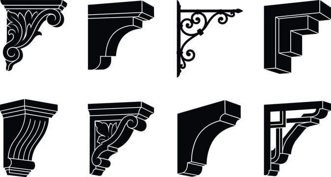 Architectural corbel and decorative bracket vector set featuring classic ornate and modern wall support silhouettes isolated on white