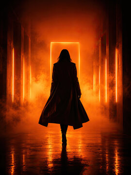 A woman walks into a dark corridor illuminated by vertical orange light tubes, creating a hazy atmosphere.