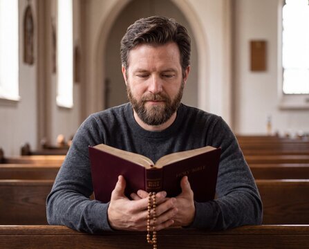A bearded man sits in a church pew, holding a Bible and rosary beads, deep in prayer or contemplation.