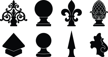 Classic Decorative Fence Finial Silhouettes Set with Ornamental Ball Fleur de Lis Pinecone Spear and Scroll Vector Collection © Hunufa