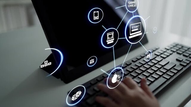Gaming icons show online gaming, game streaming, and interactive play. Gaming supports esports, game community, and digital gaming experience. Funnel