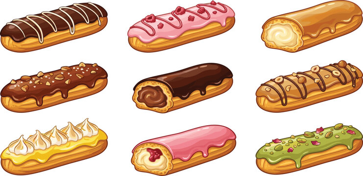Assorted French Eclair Pastry Vector Set with Chocolate Glaze Pistachio Cream Caramel and Berry Icing Toppings for Sweet Bakery Menu Designs